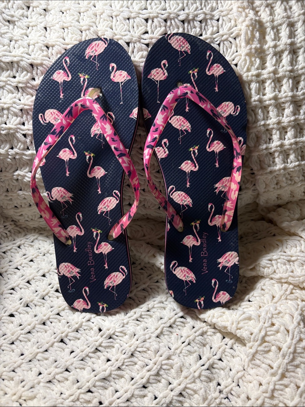 Vera Bradley Navy Flip Flops with Pink Flamingo Pattern